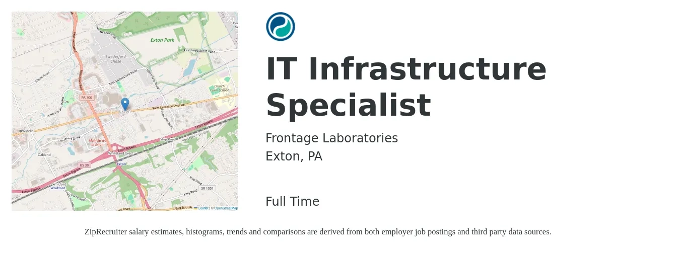 Frontage Laboratories job posting for a IT Infrastructure Specialist in Exton, PA with a salary of $62,700 to $95,100 Yearly with a map of Exton location.