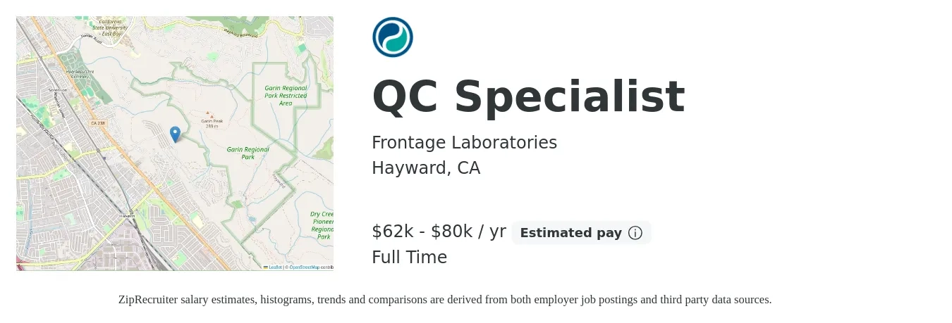 Frontage Laboratories job posting for a QC Specialist in Hayward, CA with a salary of $62,400 to $80,000 Yearly with a map of Hayward location.