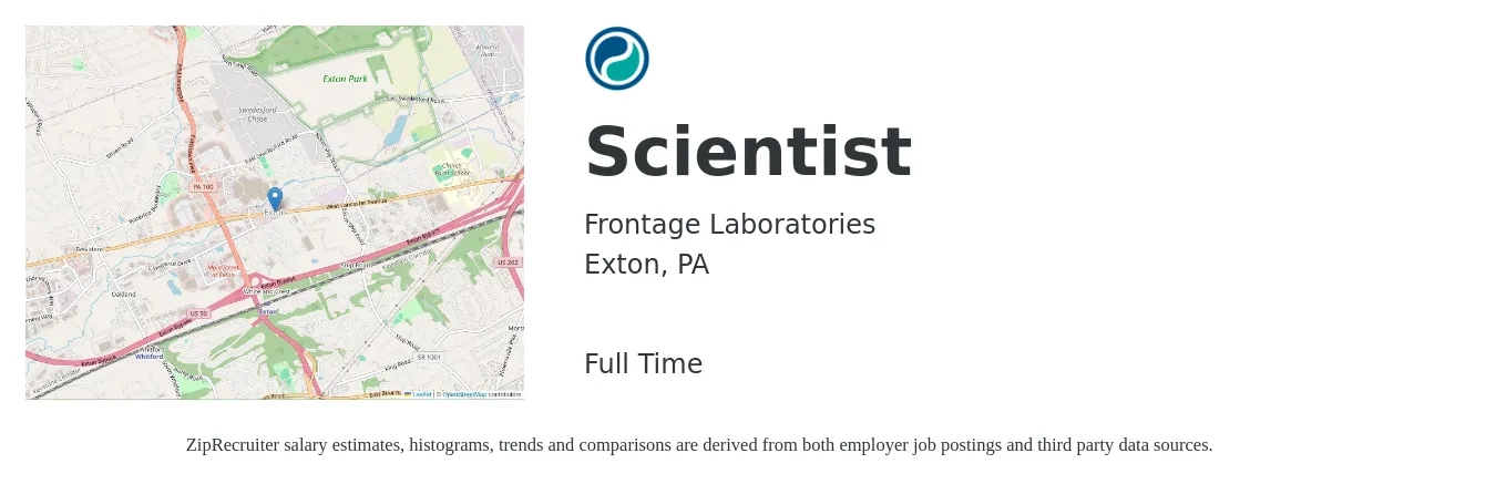 Frontage Laboratories job posting for a Scientist in Exton, PA with a salary of $44 to $68 Hourly with a map of Exton location.