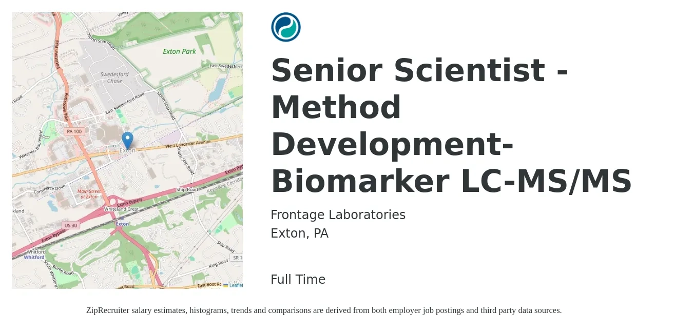 Frontage Laboratories job posting for a Senior Scientist - Method Development-Biomarker LC-MS/MS in Exton, PA with a salary of $88,300 to $120,600 Yearly with a map of Exton location.