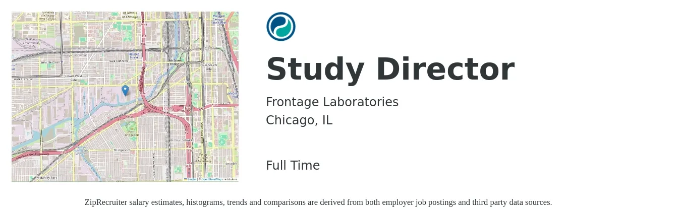 Frontage Laboratories job posting for a Study Director in Chicago, IL with a salary of $59,800 to $194,300 Yearly with a map of Chicago location.