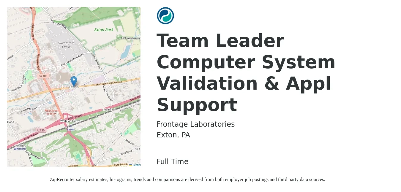 Frontage Laboratories job posting for a Team Leader Computer System Validation & Appl Support in Exton, PA with a salary of $42 to $65 Hourly with a map of Exton location.