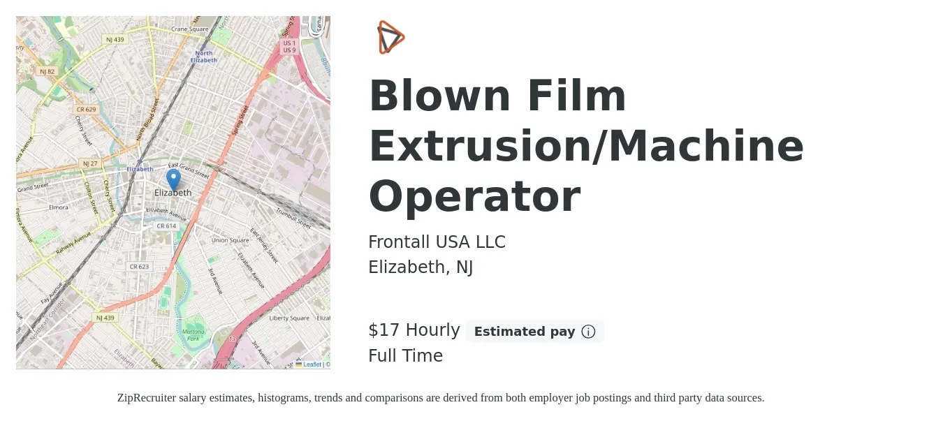 Frontall USA LLC job posting for a Blown Film Extrusion/Machine Operator in Elizabeth, NJ with a salary of $18 Hourly with a map of Elizabeth location.