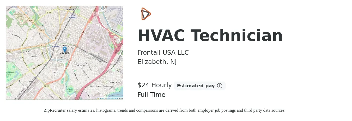 Frontall USA LLC job posting for a HVAC Technician in Elizabeth, NJ with a salary of $25 Hourly with a map of Elizabeth location.