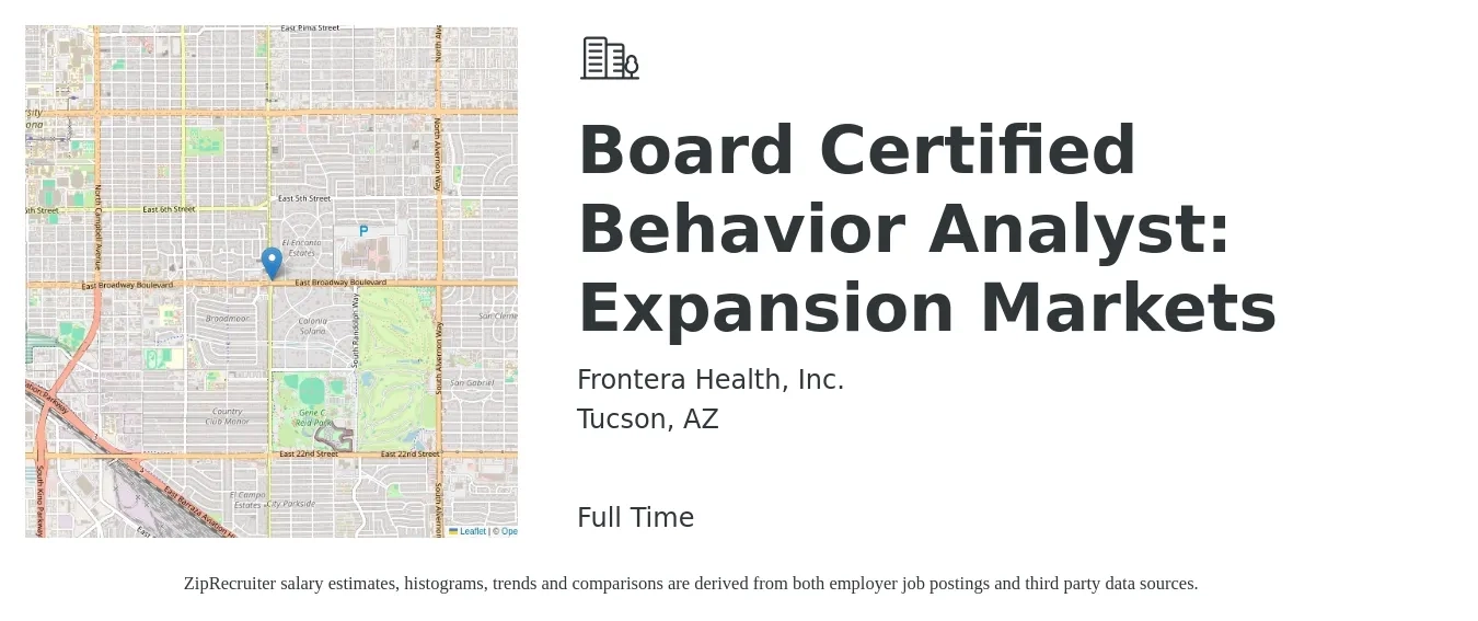 Frontera Health, Inc. job posting for a Board Certified Behavior Analyst: Expansion Markets in Tucson, AZ with a salary of $70,000 to $85,600 Yearly with a map of Tucson location.