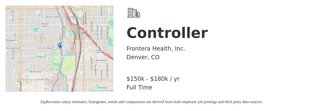Frontera Health, Inc. job posting for a Controller in Denver, CO with a salary of $150,000 to $180,000 Yearly with a map of Denver location.