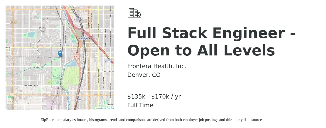 Frontera Health, Inc. job posting for a Full Stack Engineer - Open to All Levels in Denver, CO with a salary of $145,000 to $170,000 Yearly with a map of Denver location.