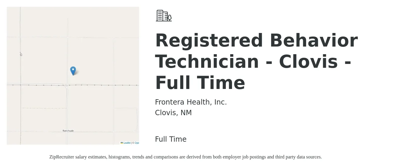 Frontera Health, Inc. job posting for a Registered Behavior Technician - Clovis - Full Time in Clovis, NM with a salary of $16 to $20 Hourly with a map of Clovis location.