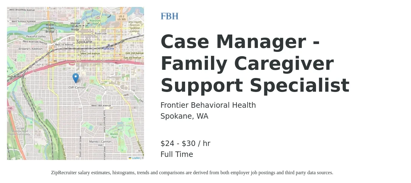 Frontier Behavioral Health job posting for a Case Manager - Family Caregiver Support Specialist in Spokane, WA with a salary of $26 to $32 Hourly with a map of Spokane location.