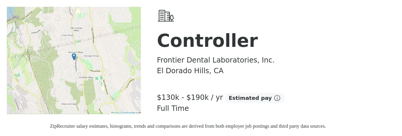 Frontier Dental Laboratories, Inc. job posting for a Controller in El Dorado Hills, CA with a salary of $130,000 to $190,000 Yearly with a map of El Dorado Hills location.