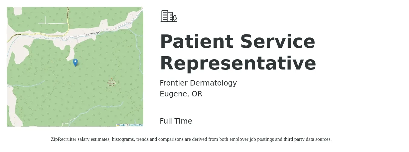 Frontier Dermatology job posting for a Patient Service Representative in Eugene, OR with a salary of $18 to $22 Hourly with a map of Eugene location.