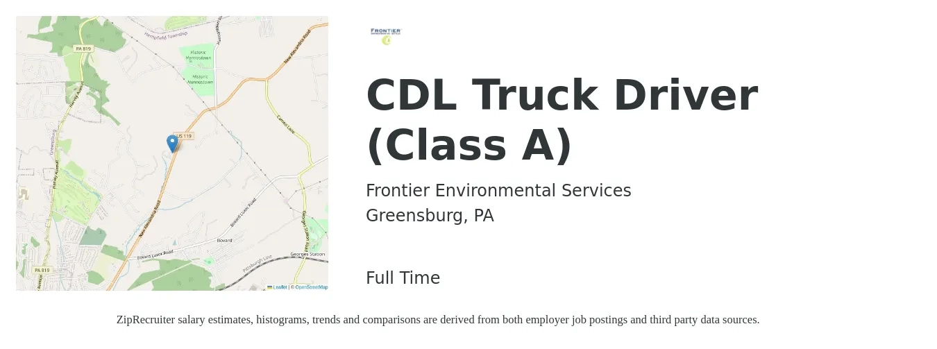 Frontier Environmental Services job posting for a CDL Truck Driver (Class A) in Greensburg, PA with a salary of $1,130 to $1,650 Weekly with a map of Greensburg location.