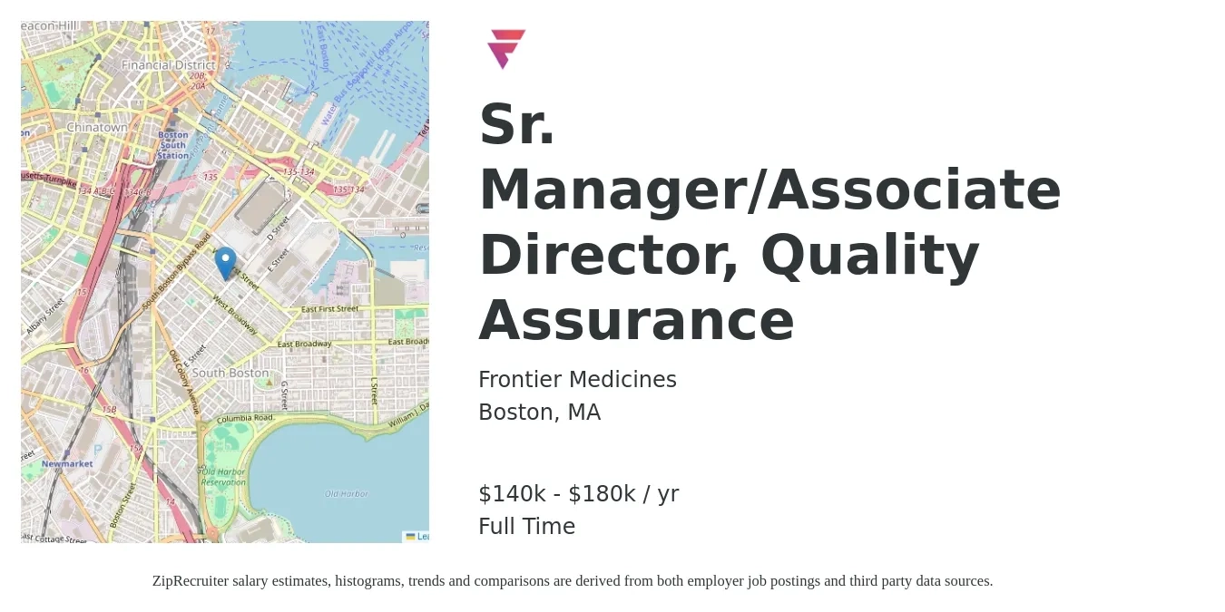 Frontier Medicines job posting for a Sr. Manager/Associate Director, Quality Assurance in Boston, MA with a salary of $140,000 to $180,000 Yearly with a map of Boston location.