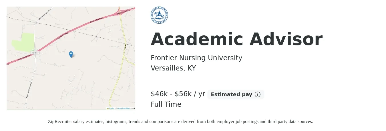 Frontier Nursing University job posting for a Academic Advisor in Versailles, KY with a salary of $46,634 to $56,997 Yearly with a map of Versailles location.