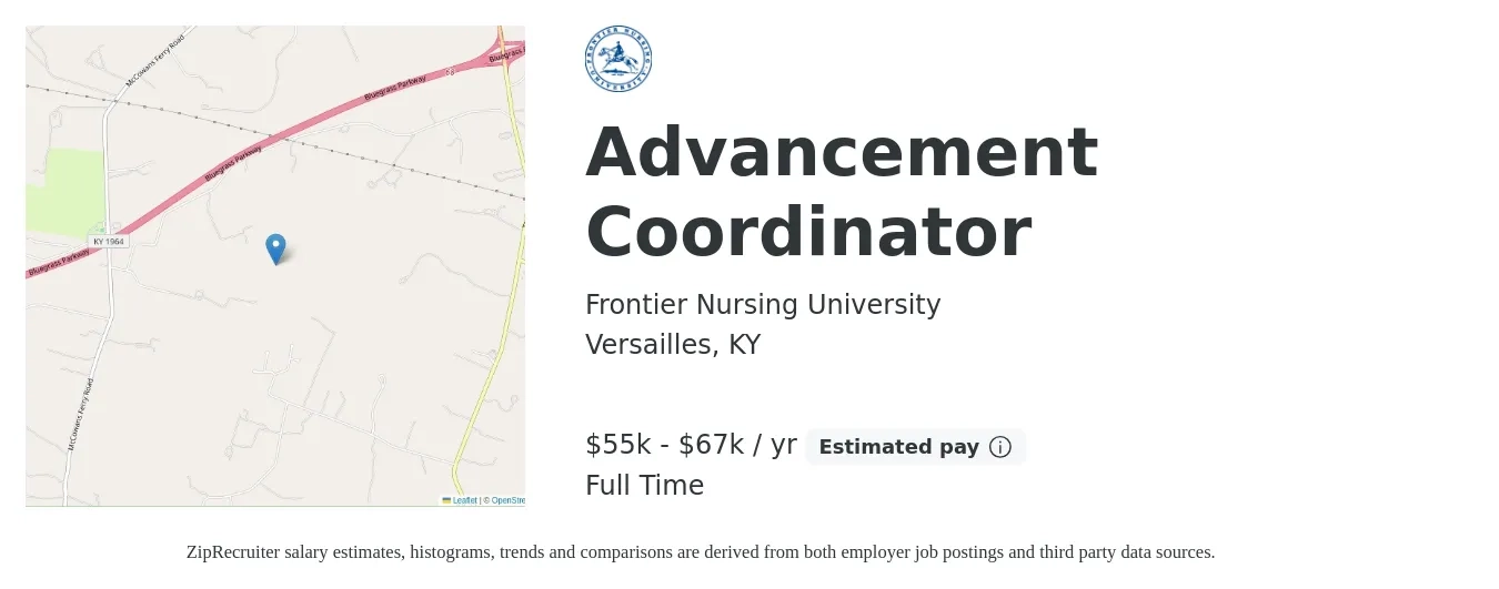 Frontier Nursing University job posting for a Advancement Coordinator in Versailles, KY with a salary of $55,000 to $67,306 Yearly with a map of Versailles location.