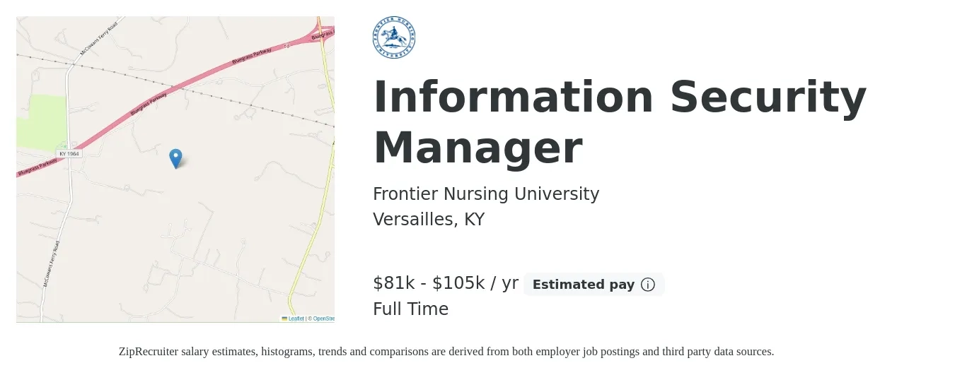 Frontier Nursing University job posting for a Information Security Manager in Versailles, KY with a salary of $81,900 to $105,600 Yearly with a map of Versailles location.