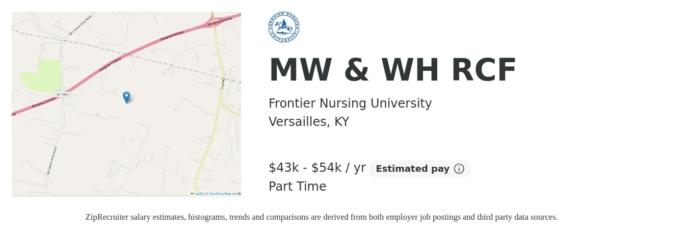 Frontier Nursing University job posting for a MW & WH RCF in Versailles, KY with a salary of $86,480 to $129,720 Yearly with a map of Versailles location.