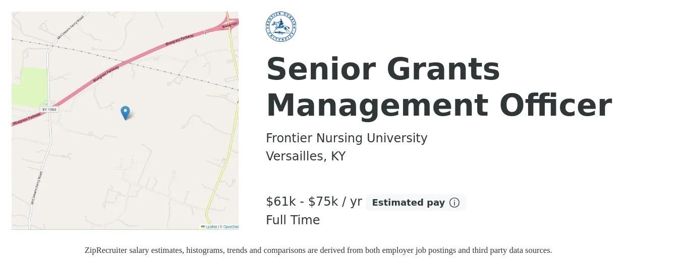 Frontier Nursing University job posting for a Senior Grants Management Officer in Versailles, KY with a salary of $61,750 to $75,473 Yearly with a map of Versailles location.
