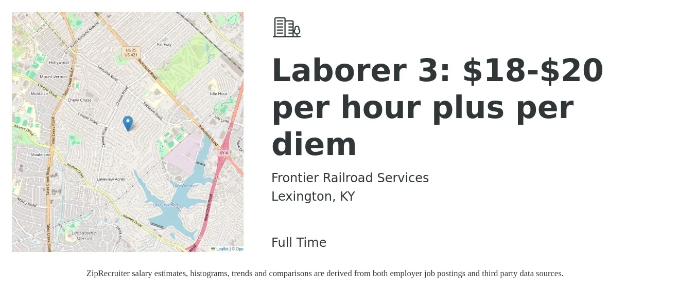 Frontier Railroad Services job posting for a Laborer 3: $18-$20 per hour plus per diem in Lexington, KY with a salary of $20 Hourly with a map of Lexington location.