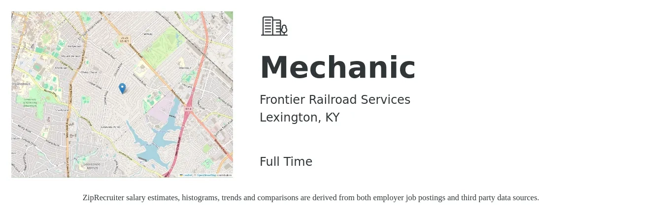 Frontier Railroad Services job posting for a Mechanic in Lexington, KY with a salary of $18 to $26 Hourly with a map of Lexington location.