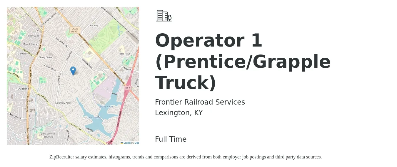 Frontier Railroad Services job posting for a Operator 1 (Prentice/Grapple Truck) in Lexington, KY with a salary of $18 to $22 Hourly with a map of Lexington location.