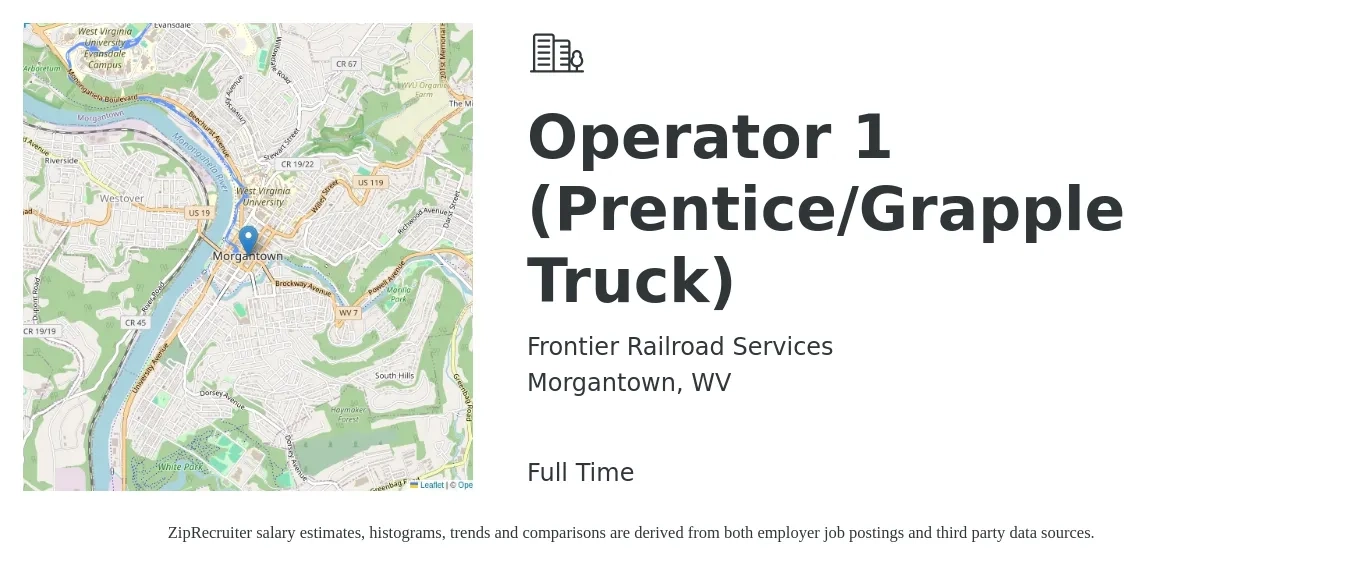 Frontier Railroad Services job posting for a Operator 1 (Prentice/Grapple Truck) in Morgantown, WV with a salary of $21 to $26 Hourly with a map of Morgantown location.