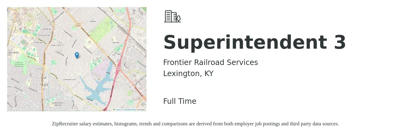 Frontier Railroad Services job posting for a Superintendent 3 in Lexington, KY with a salary of $62,200 to $101,100 Yearly with a map of Lexington location.