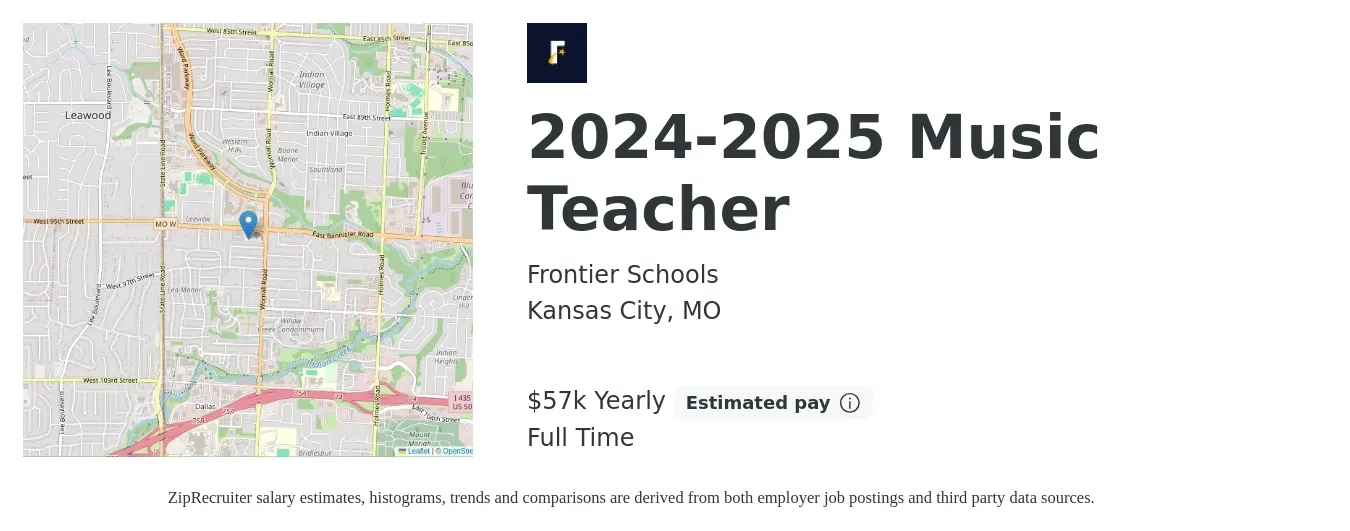 Frontier Schools job posting for a 2024-2025 Music Teacher in Kansas City, MO with a salary of $57,000 Yearly with a map of Kansas City location.