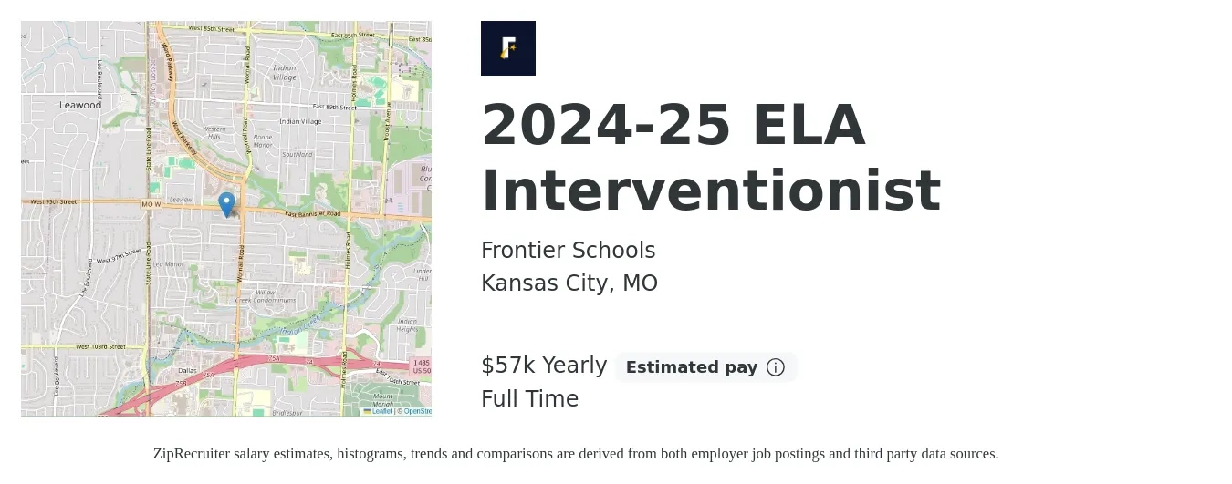 Frontier Schools job posting for a 2024-25 ELA Interventionist in Kansas City, MO with a salary of $57,000 Yearly with a map of Kansas City location.