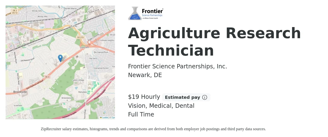 Frontier Science Partnerships, Inc. job posting for a Agriculture Research Technician in Newark, DE with a salary of $20 Hourly and benefits including life_insurance, medical, pto, retirement, vision, and dental with a map of Newark location.