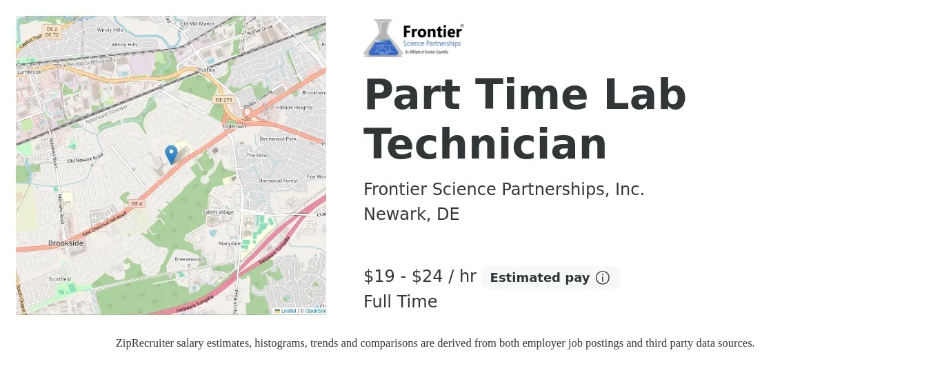 Frontier Science Partnerships, Inc. job posting for a Part Time Lab Technician in Newark, DE with a salary of $20 to $25 Hourly with a map of Newark location.