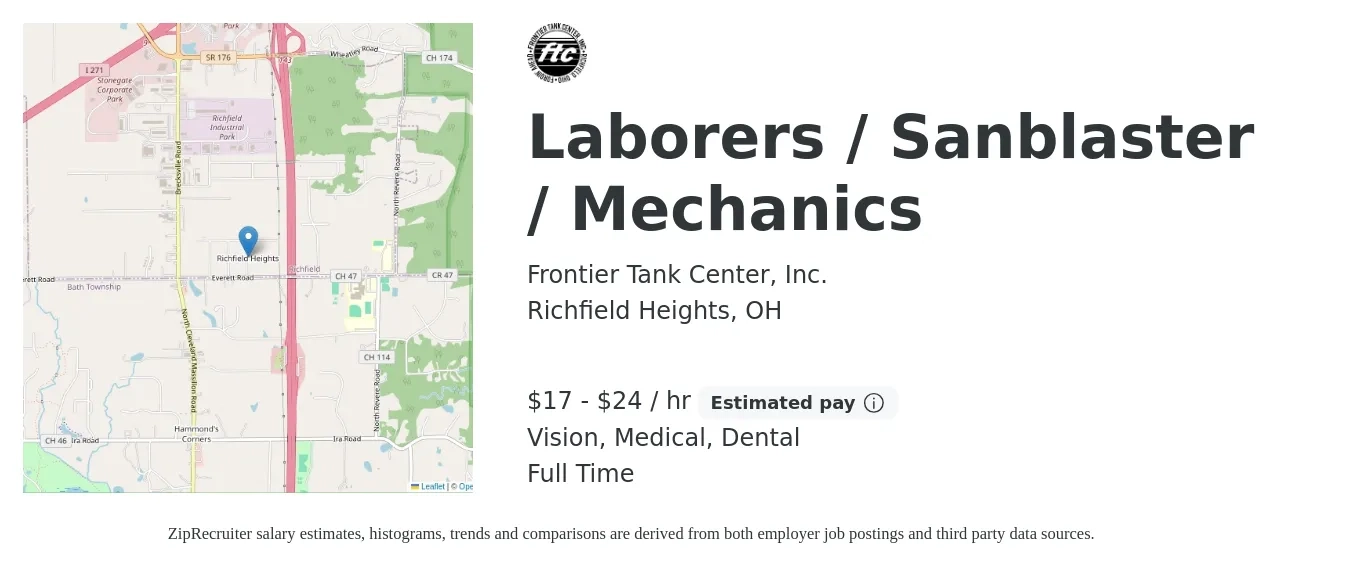 Frontier Tank Center, Inc. job posting for a Laborers / Sanblaster / Mechanics in Richfield Heights, OH with a salary of $18 to $25 Hourly and benefits including medical, pto, retirement, vision, dental, and life_insurance with a map of Richfield Heights location.