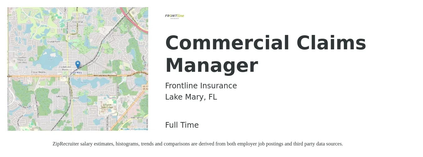 Frontline Insurance job posting for a Commercial Claims Manager in Lake Mary, FL with a salary of $59,500 to $91,800 Yearly with a map of Lake Mary location.