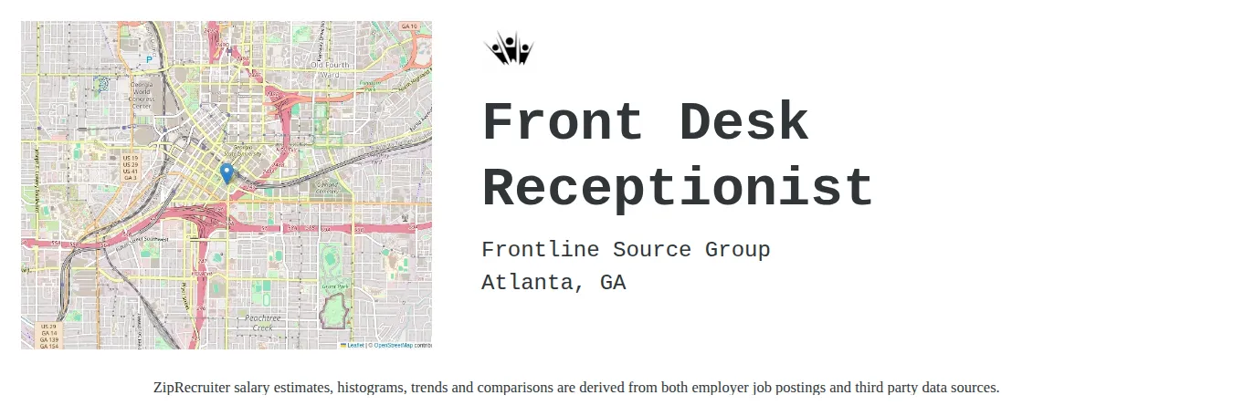 Frontline Source Group job posting for a Front Desk Receptionist in Atlanta, GA with a salary of $15 to $19 Hourly with a map of Atlanta location.