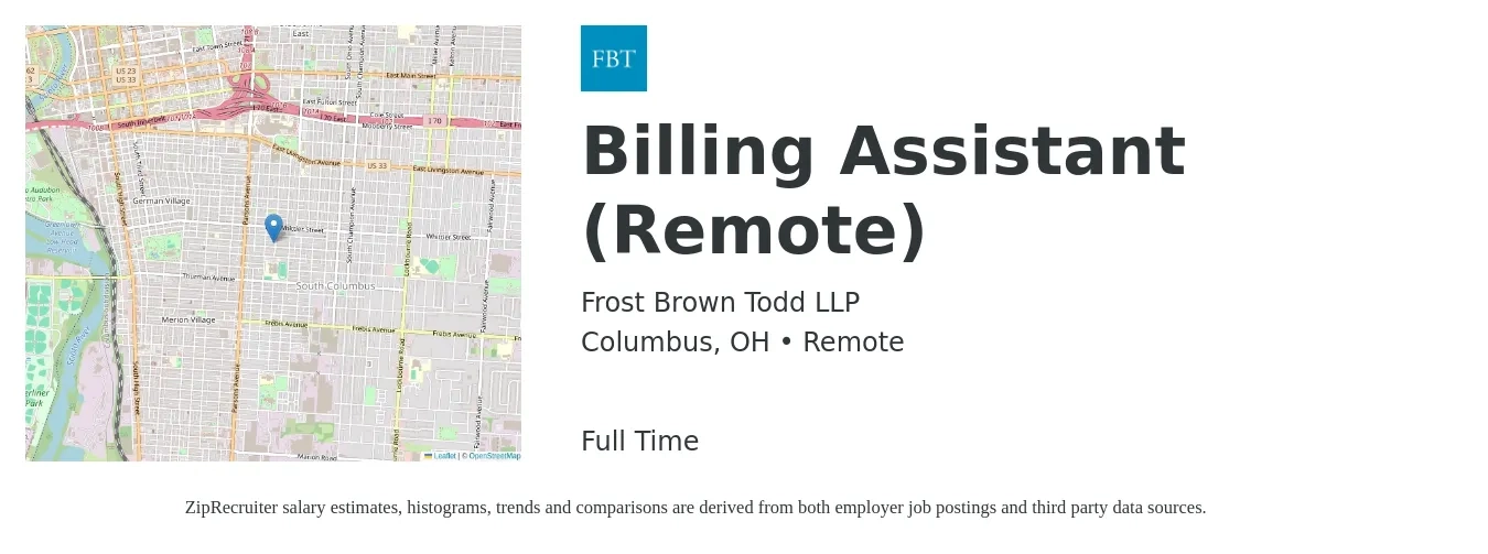 Frost Brown Todd LLP job posting for a Billing Assistant (Remote) in Columbus, OH with a salary of $16 to $22 Hourly with a map of Columbus location.