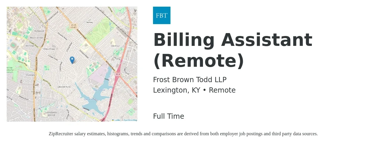 Frost Brown Todd LLP job posting for a Billing Assistant (Remote) in Lexington, KY with a salary of $15 to $20 Hourly with a map of Lexington location.