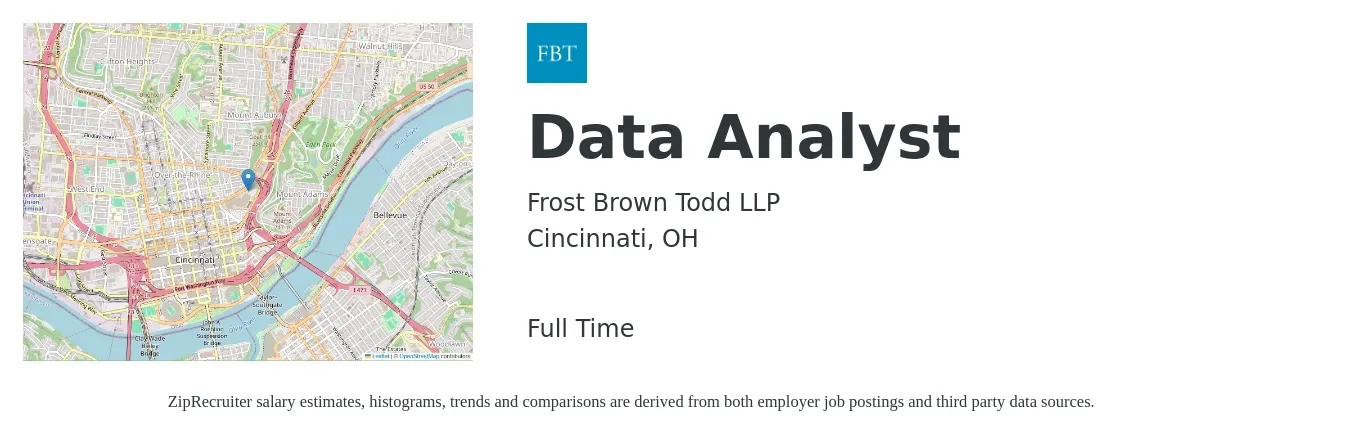 Frost Brown Todd LLP job posting for a Data Analyst in Cincinnati, OH with a salary of $61,000 to $94,700 Yearly with a map of Cincinnati location.