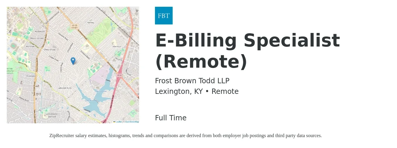 Frost Brown Todd LLP job posting for a E-Billing Specialist (Remote) in Lexington, KY with a salary of $17 to $23 Hourly with a map of Lexington location.