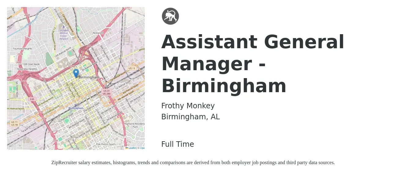 Frothy Monkey job posting for a Assistant General Manager - Birmingham in Birmingham, AL with a salary of $15 to $24 Hourly with a map of Birmingham location.