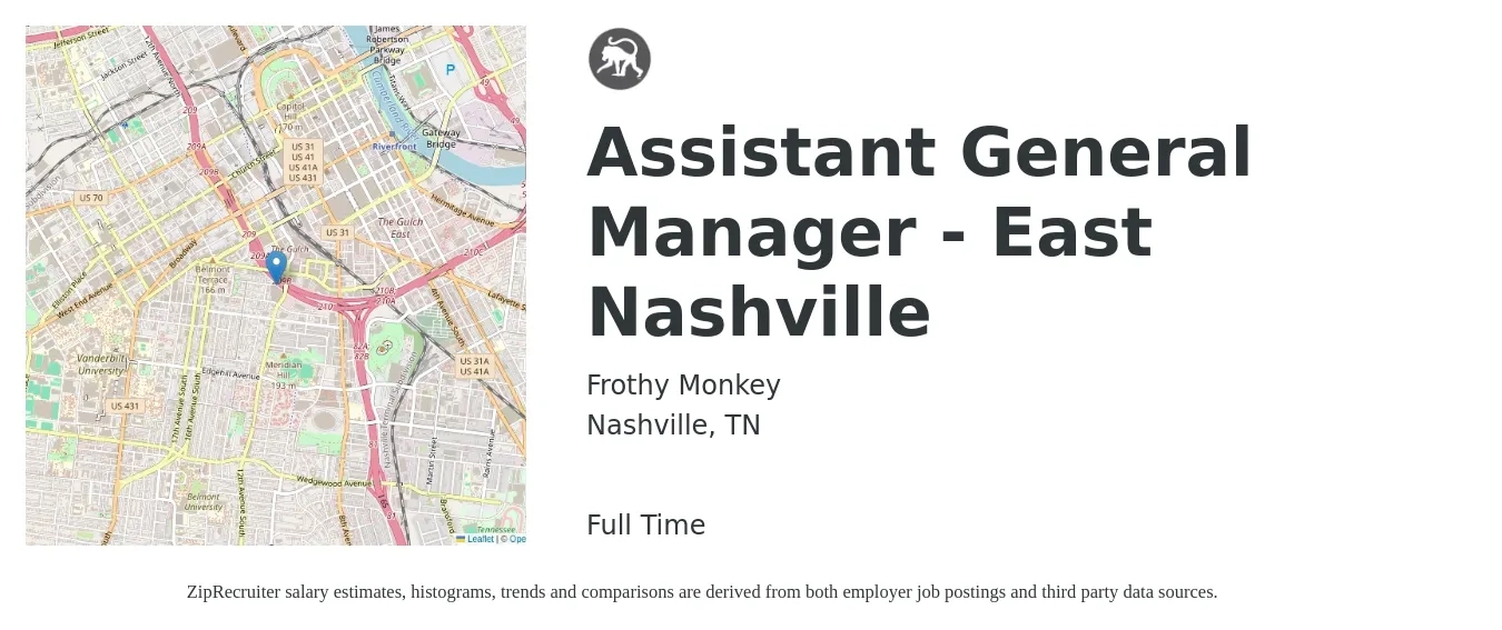 Frothy Monkey job posting for a Assistant General Manager - East Nashville in Nashville, TN with a salary of $16 to $24 Hourly with a map of Nashville location.