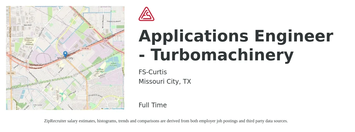 FS-Curtis job posting for a Applications Engineer - Turbomachinery in Missouri City, TX with a salary of $73,400 to $118,000 Yearly with a map of Missouri City location.