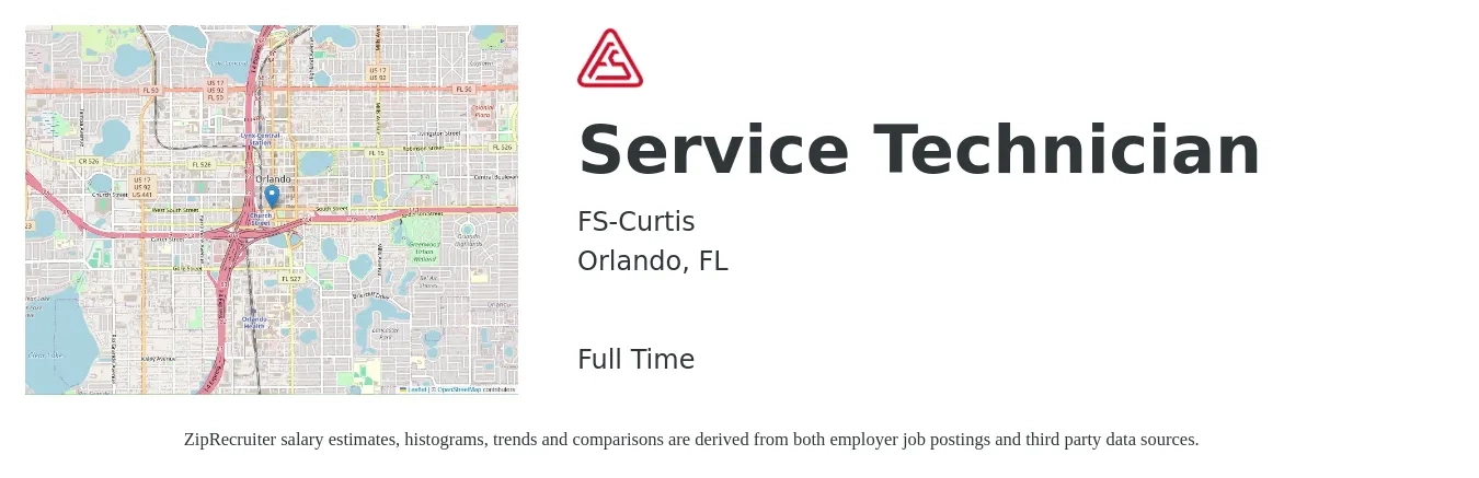 FS-Curtis job posting for a Service Technician in Orlando, FL with a salary of $19 to $26 Hourly with a map of Orlando location.