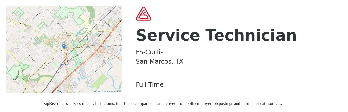 FS-Curtis job posting for a Service Technician in San Marcos, TX with a salary of $18 to $25 Hourly with a map of San Marcos location.