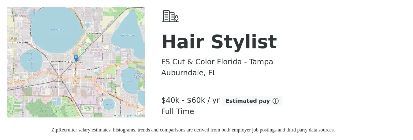 FS Cut & Color Florida - Tampa job posting for a Hair Stylist in Auburndale, FL with a salary of $40,000 to $60,000 Yearly with a map of Auburndale location.