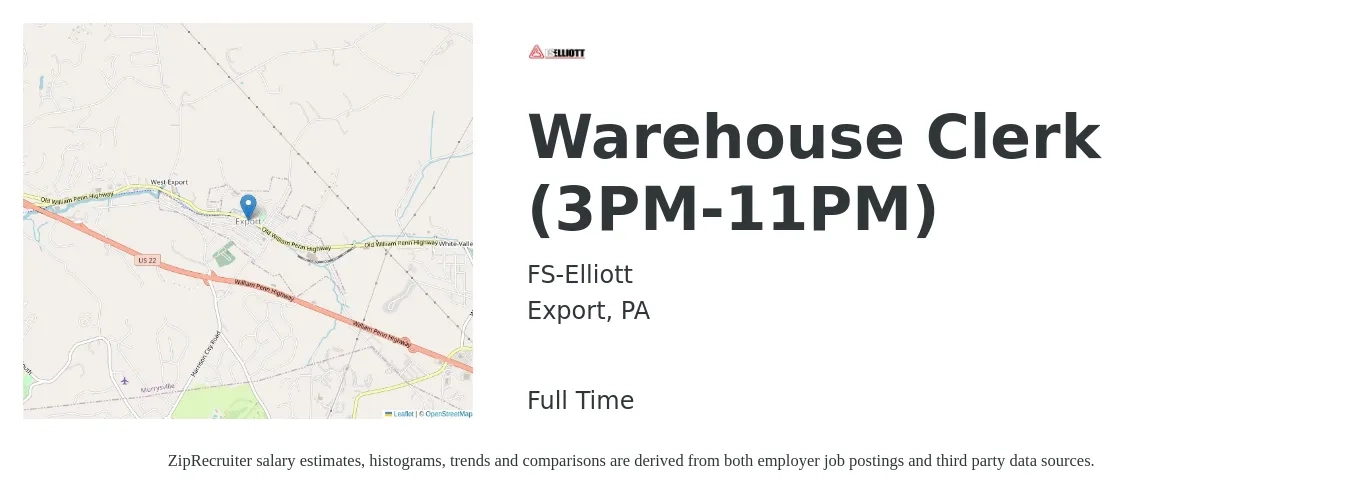 FS-Elliott job posting for a Warehouse Clerk (3PM-11PM) in Export, PA with a salary of $14 to $17 Hourly with a map of Export location.