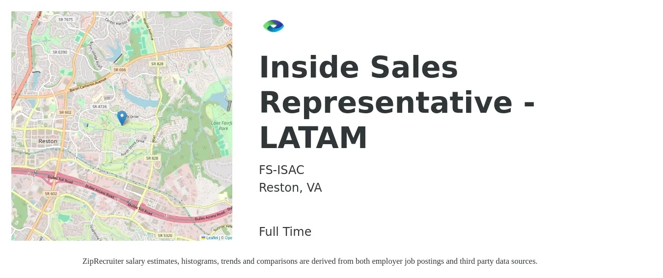 FS-ISAC job posting for a Inside Sales Representative - LATAM in Reston, VA with a salary of $41,200 to $61,500 Yearly with a map of Reston location.
