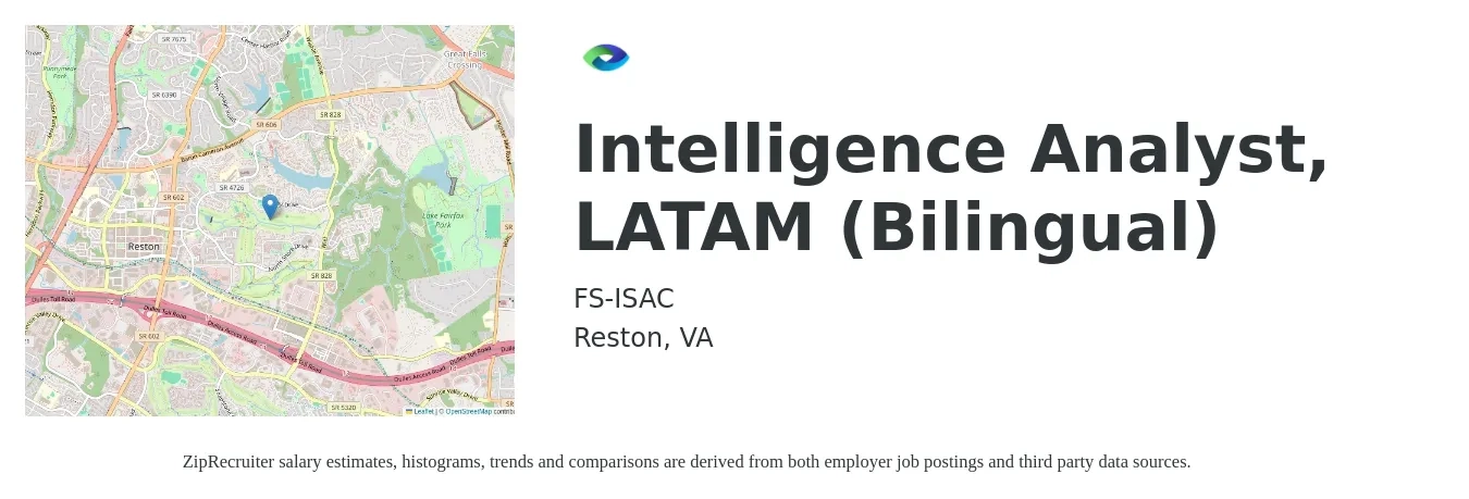 FS-ISAC job posting for a Intelligence Analyst, LATAM (Bilingual) in Reston, VA with a salary of $50,000 to $107,400 Yearly with a map of Reston location.