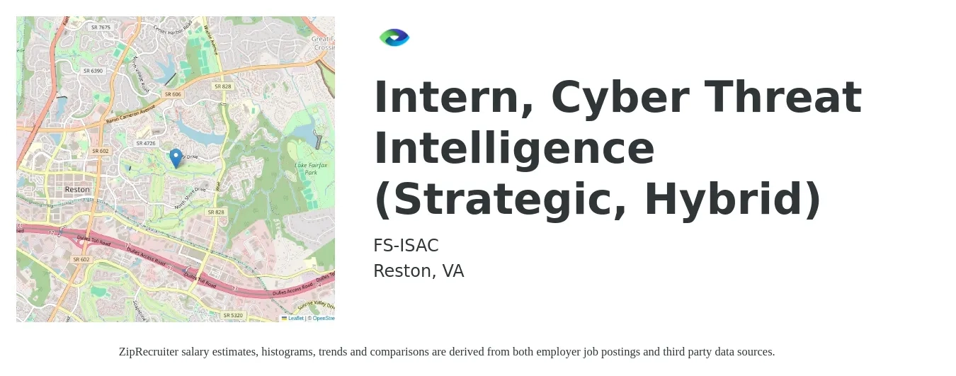 FS-ISAC job posting for a Intern, Cyber Threat Intelligence (Strategic, Hybrid) in Reston, VA with a map of Reston location.