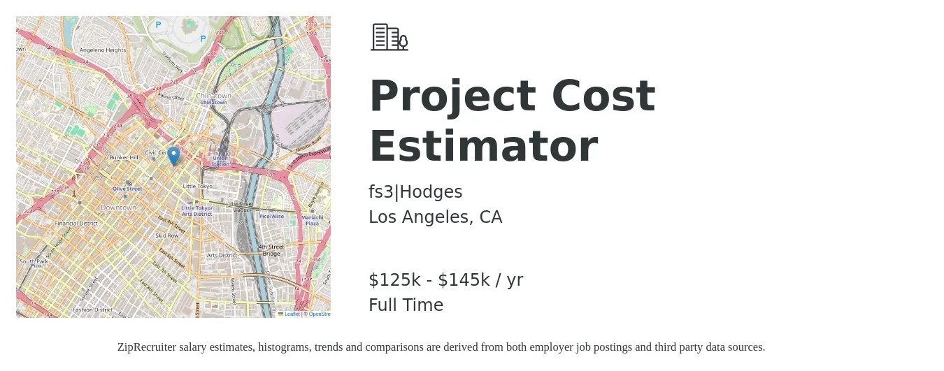 fs3|Hodges job posting for a Project Cost Estimator in Los Angeles, CA with a salary of $125,000 to $145,000 Yearly with a map of Los Angeles location.