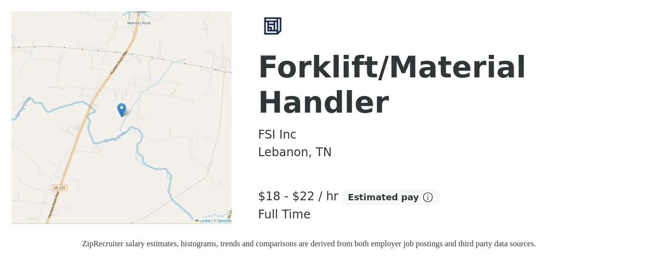 FSI Inc job posting for a Forklift/Material Handler in Lebanon, TN with a salary of $19 to $23 Hourly with a map of Lebanon location.